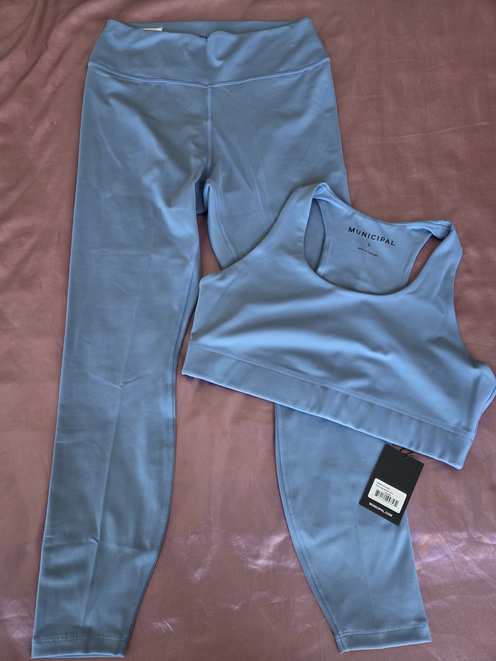 NWT MUNICIPAL Light Blue Matching Workout Set High Waist Leggings + Sports Bra L